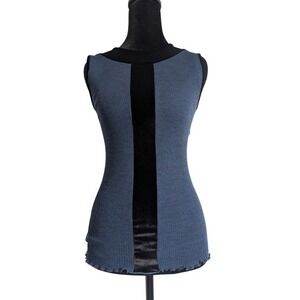 Vintage Y2K Whimsigoth Soft Goth Navy Blue Velvet Trim Italian Silk Tank Top
